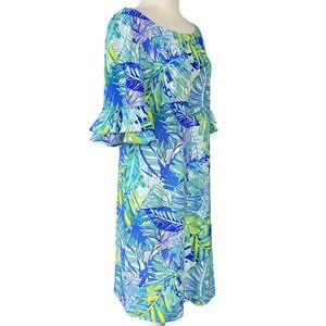 Pappagallo‎ Womens Large Leaf Print Dress Blue Green Yellow Ruffle Sleeve
